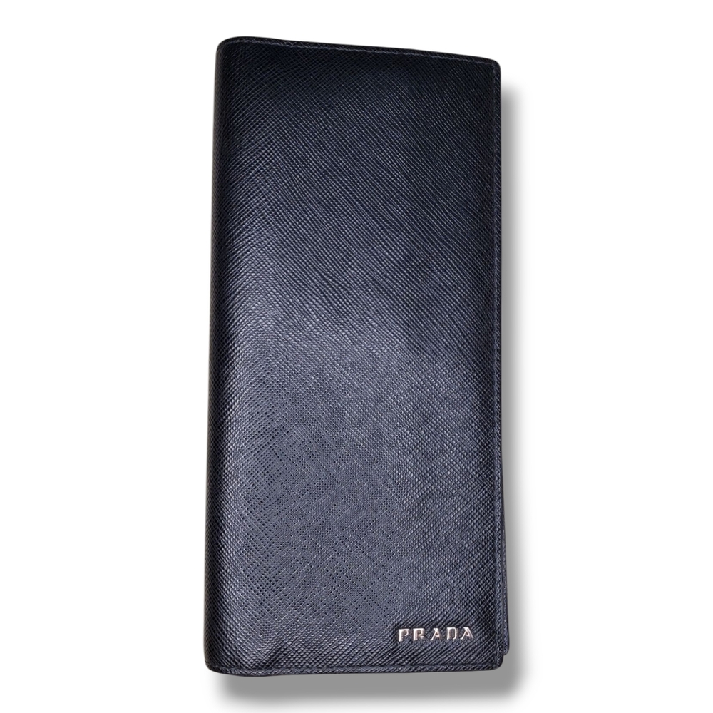 Prada Bicolor Black & Blue Saffiano Leather Long Wallet Sleek Minimalist Design